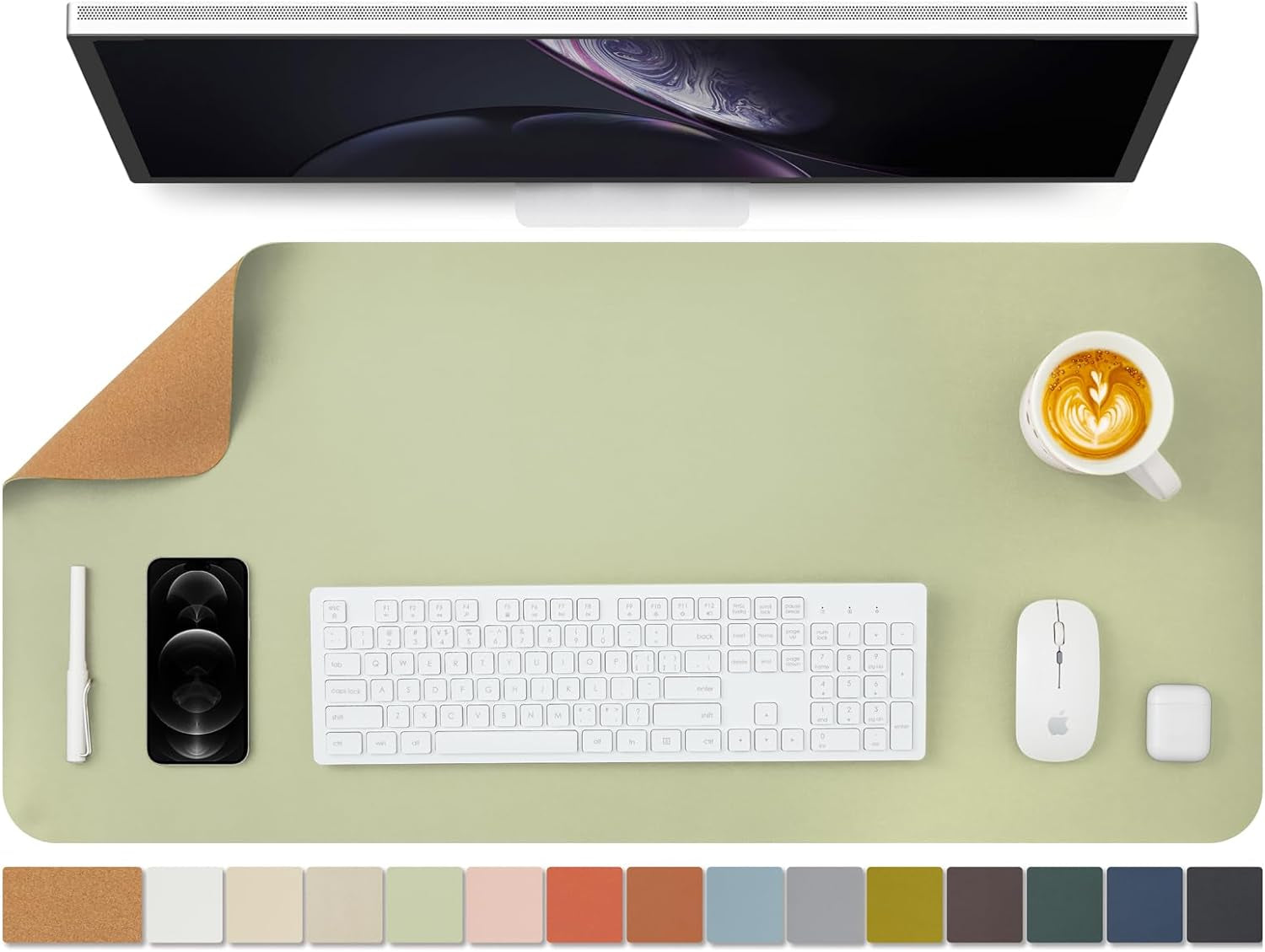 Cork Desk Mat - Dual-Sided Desk Pad for Office and Home - Desk Organization and Accessories - Ideal for Large Mouse Pad and Desk Mats on Top of Desks(Light Green,80Cmx 40Cm)